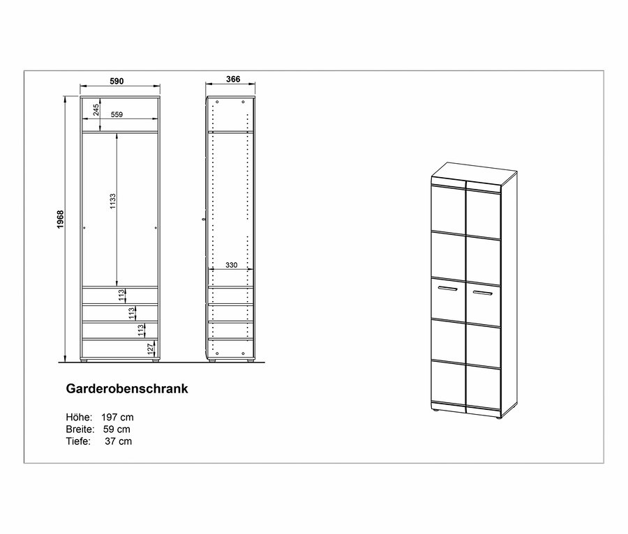 Technische Zeichnung eines Garderobenschranks »ADANA« mit Maßangaben.