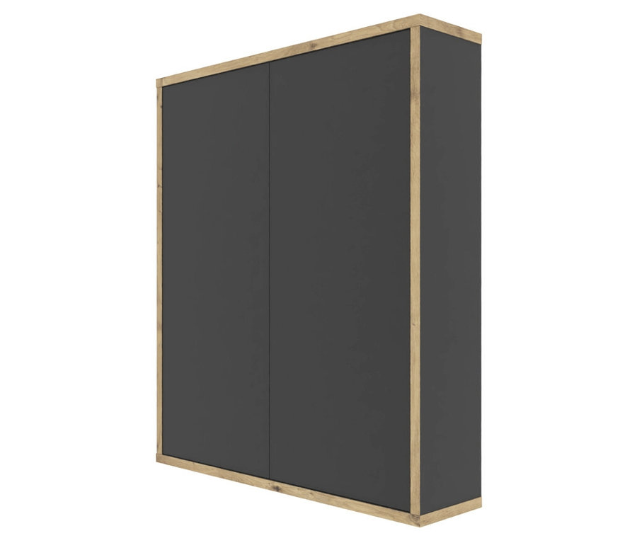 Dunkelgrauer Schrank mit Holzrahmen.