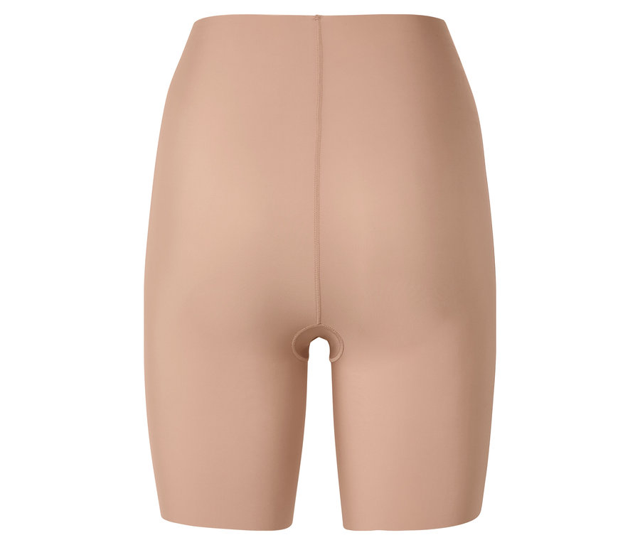Nudefarbene Shapewear-Shorts mit hohem Bund, von vorne fotografiert.
