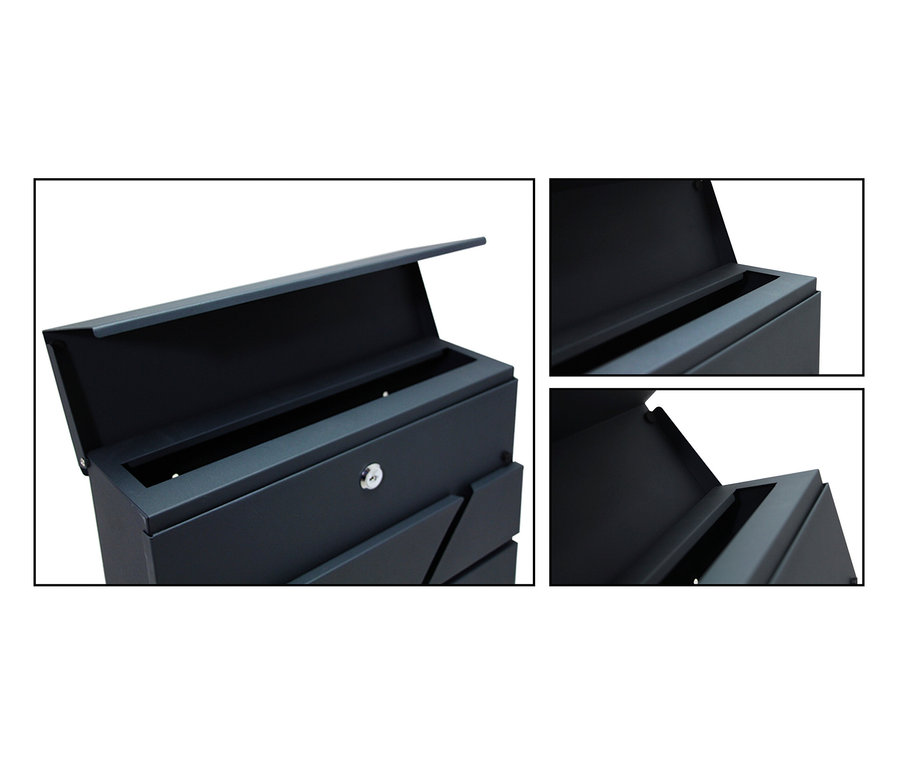 Nahaufnahme eines geöffneten, grauen Briefkastens mit Schloss und drei Fächern.