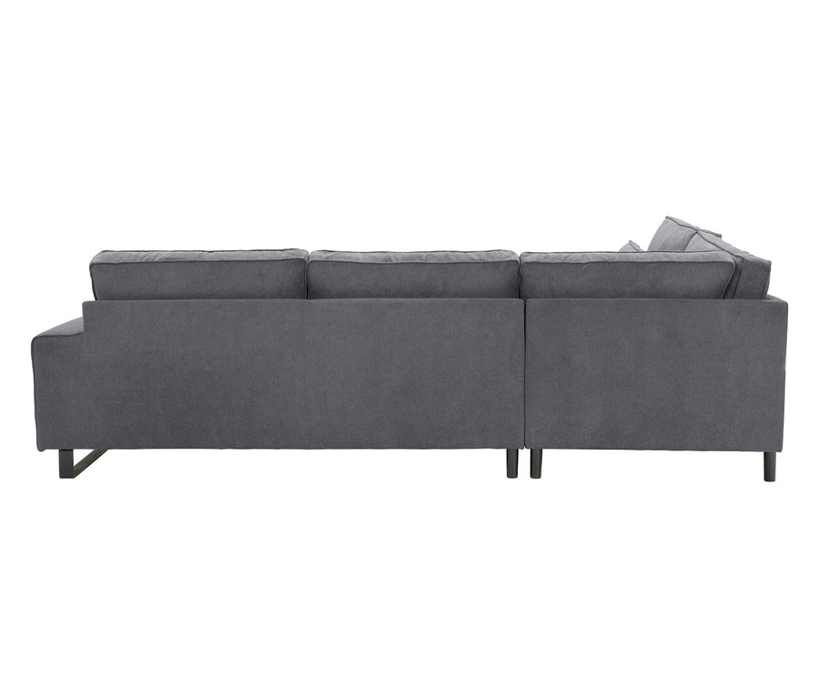 Rückansicht eines grauen Ecksofas mit dunklen Holzbeinen.