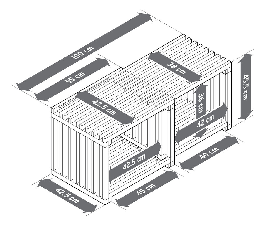 Draufsicht des Couchtisches mit Größenangaben.