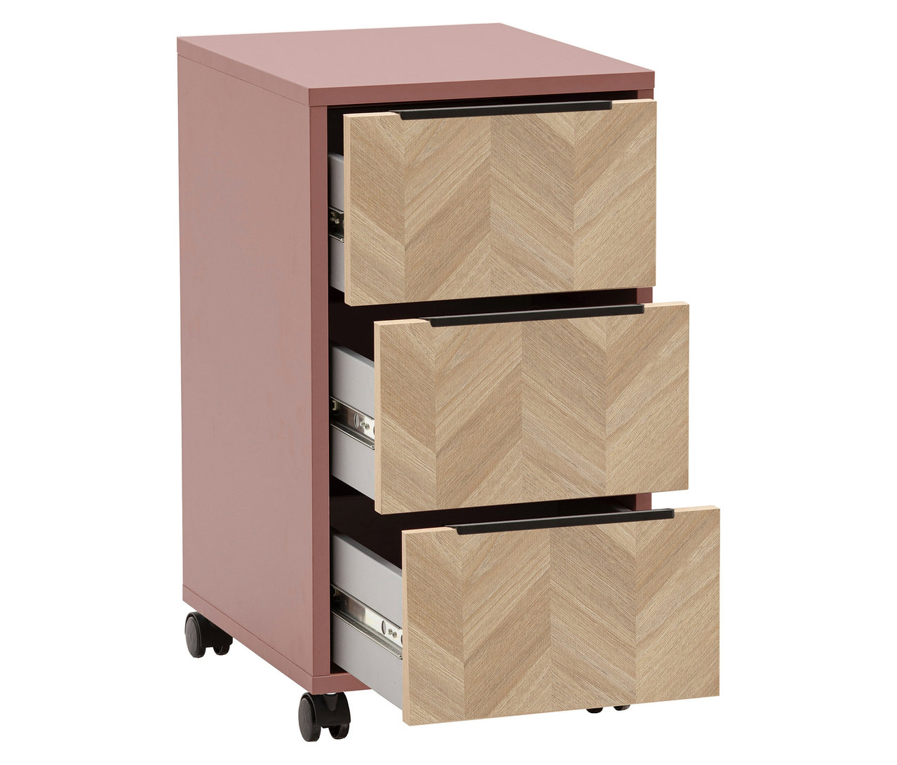 Kommode in Rosa mit drei Schubladen, von denen zwei leicht geöffnet sind.