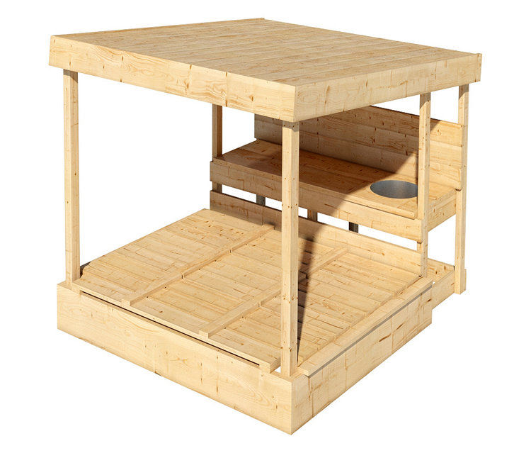 Holzsandkasten mit Überdachung, Sitzbank und integriertem Waschbecken.