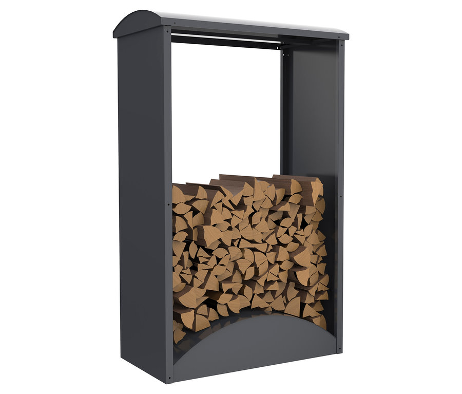 Graues Holzregal gefüllt mit Holz.