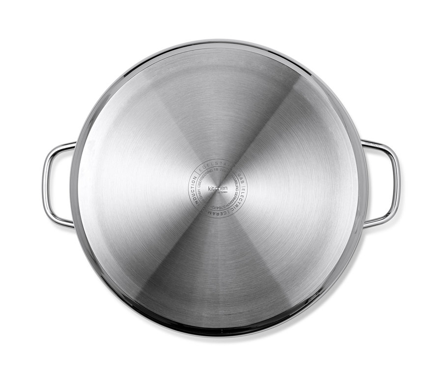 Draufsicht auf einen XL-Edelstahl-Topf mit Griffen an den Seiten auf weißem Hintergrund.