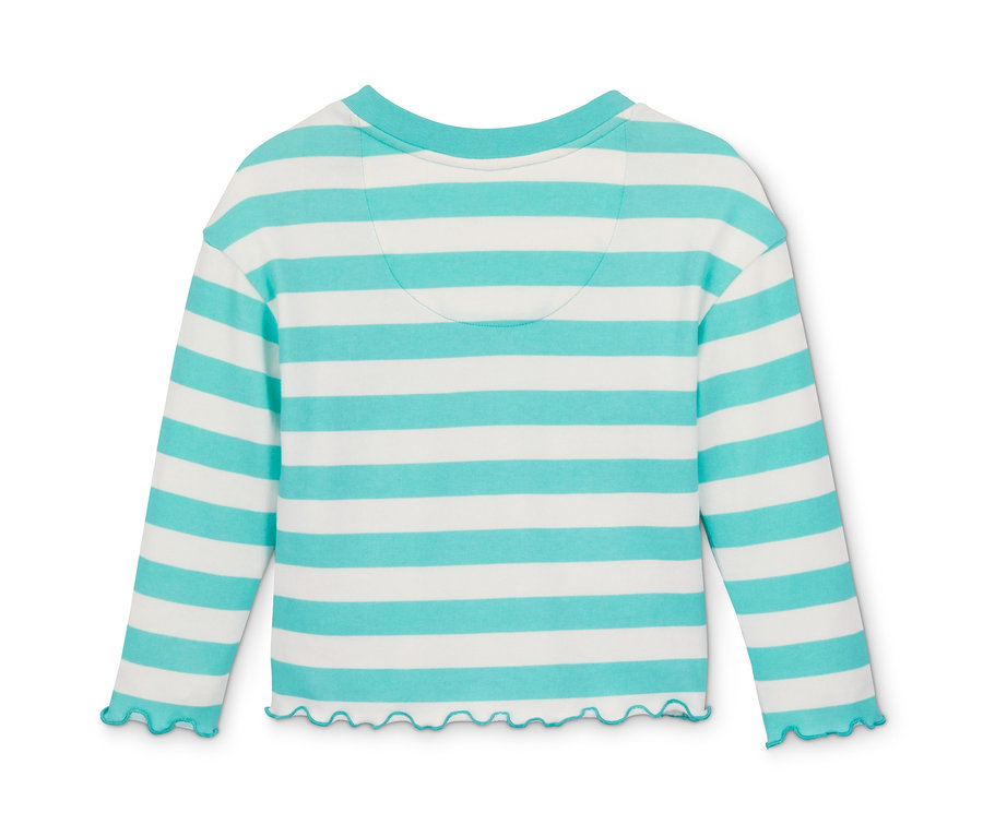 Langärmliges, türkis-weiß gestreiftes Sweatshirt aus Bio-Baumwolle.