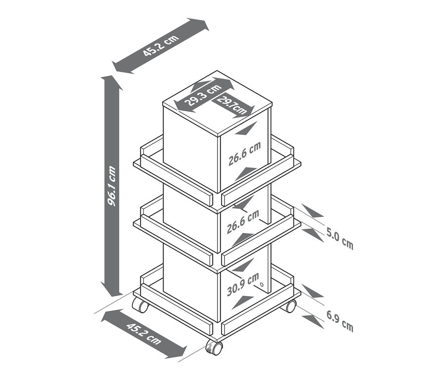 Skizze eines Bücherturms mit Details in Eichendekor und den angegebenen Abmessungen.