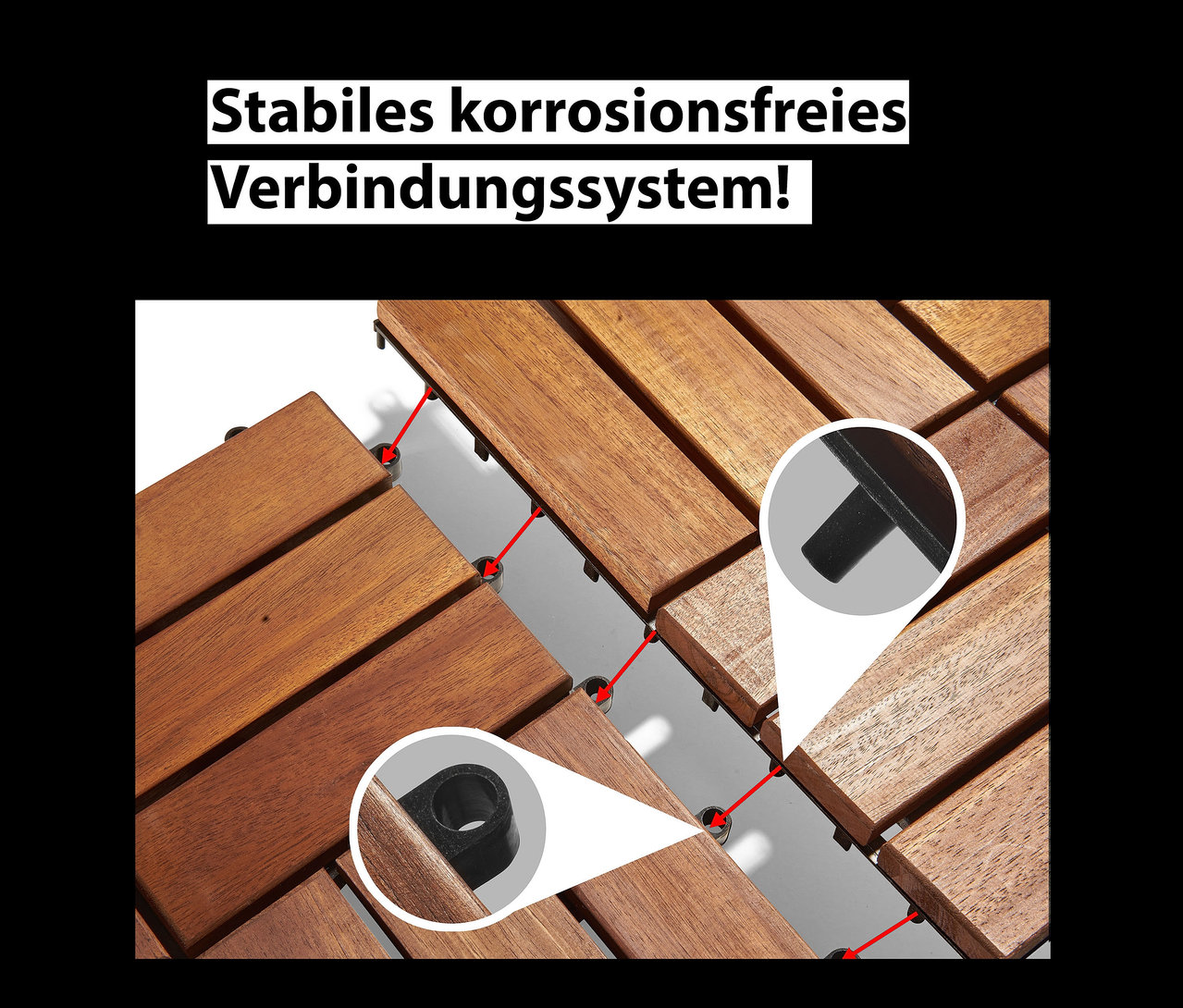 Nahaufnahme von braunen 10 Holzfliesen mit schwarzem Verbindungssystem.
