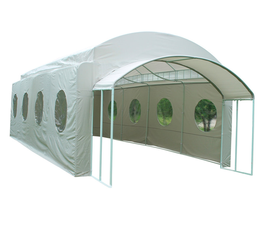 Beiges LECO-Partyzelt »Michelle« mit runden Fenstern.