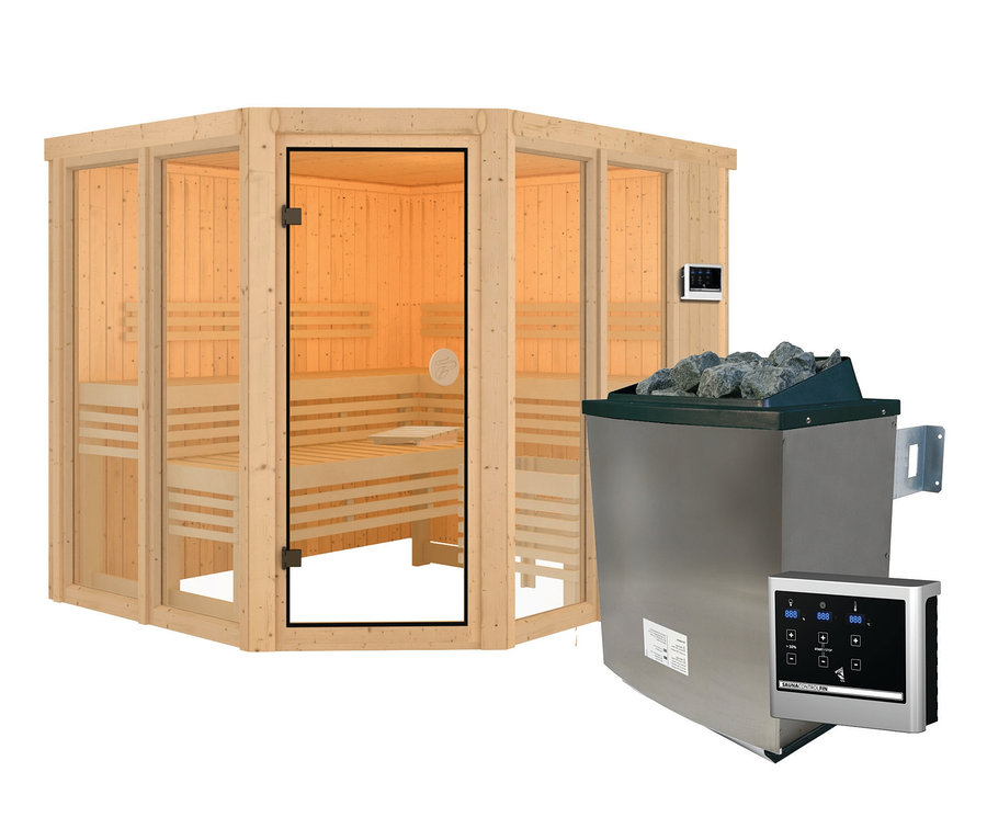 Ecksauna aus Kiefernholz mit Glaswänden und -tür neben einem Ofen mit Lavasteinen. Karibu Sauna »Scarlett 3« im Set mit 9-kW-Ofen und finnischer Steuerung.
