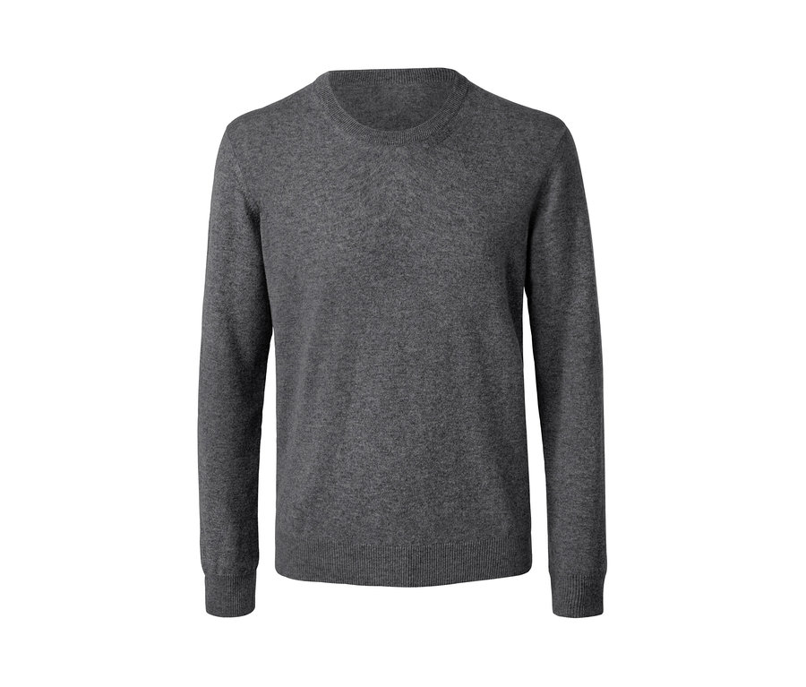 Grauer Cashmere-Pullover mit Rundhalsausschnitt.