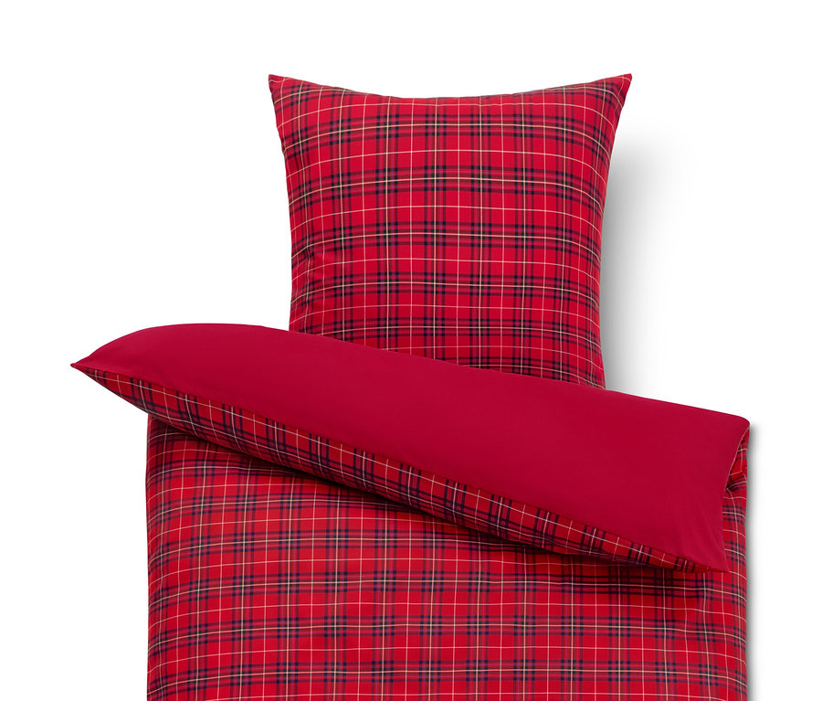 Rot karierte Microfaser-Bettwäsche, Normalgröße, liegt auf einem weißen Hintergrund.