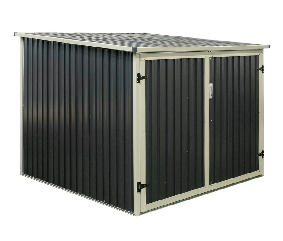 Eine schwarzgraue Fahrradgarage mit Doppeltür.