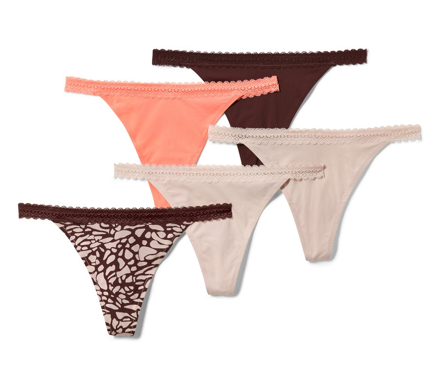 Fünf Strings mit Spitze in den Farben: Braun, Lachs und Beige.