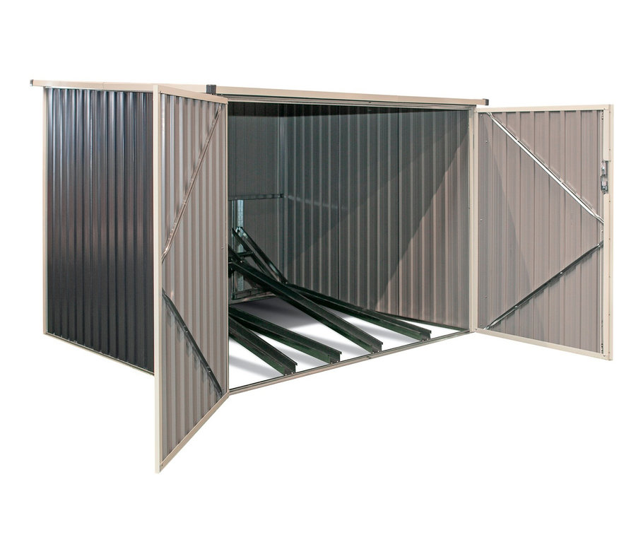 Geöffnete Fahrradgarage aus Metall mit Fahrradgestell im Inneren.