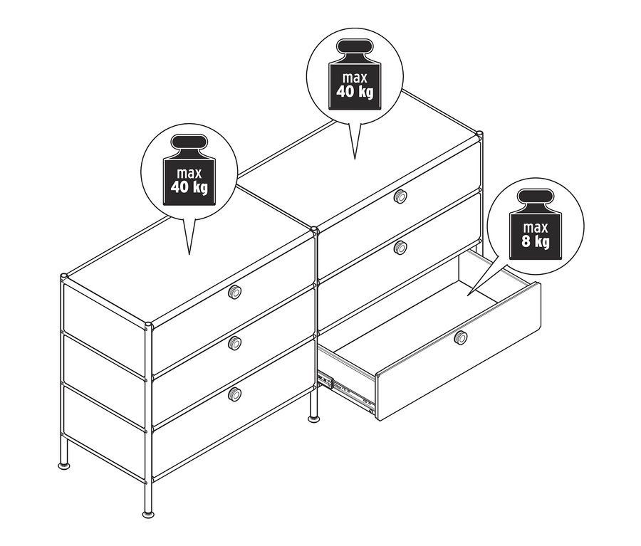 Skizze einer Kommode Metall »CN3« mit 6 Schubladen, eine Schublade ist geöffnet.