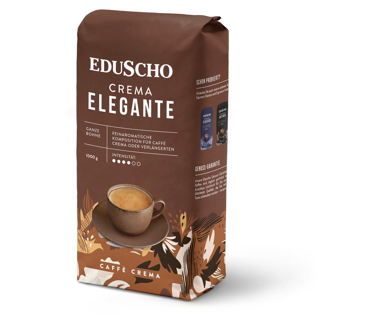 Eine Packung Eduscho Crema Elegante Kaffee mit einer Tasse Kaffee.