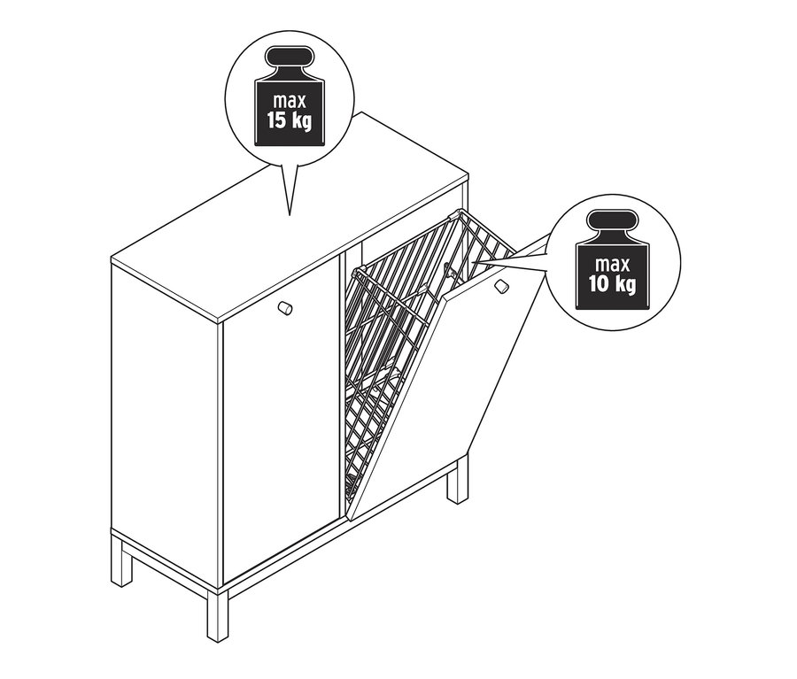 Skizze eines Wäschekorbregals mit geöffneter Wäschekorbtür.