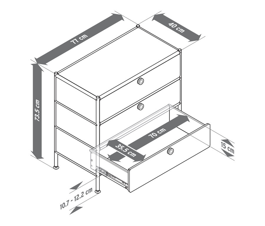 Drei Schubladen hat die Metallkommode »CN3« mit den Massen 73.5 x 77 x 40 cm, die Schublade ist 15 cm tief.
