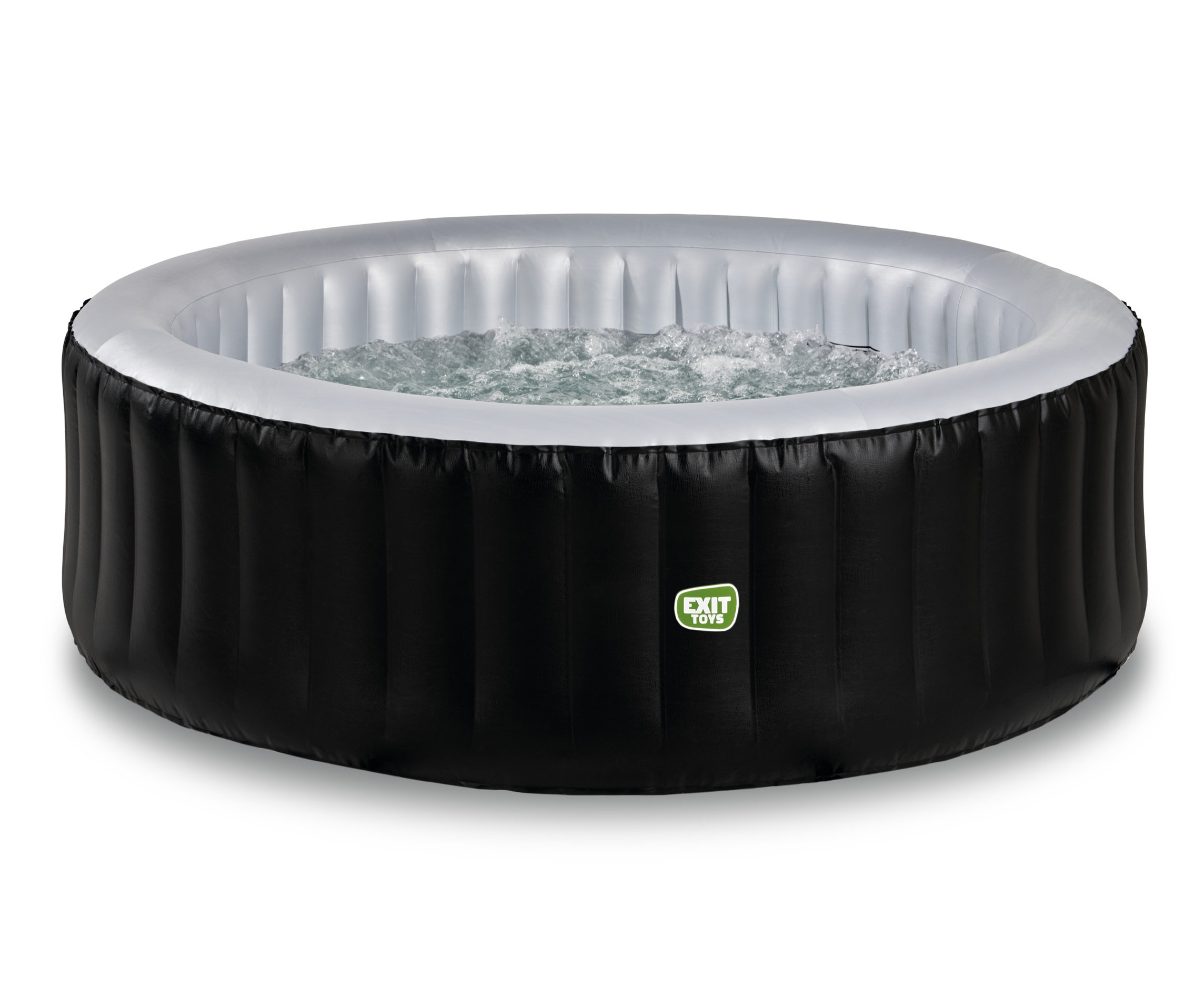 Ein mit Wasser gefüllter, schwarzer EXIT Silver Classic Whirlpool für 4 Personen.