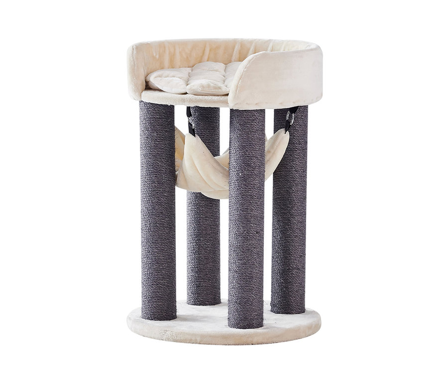 Beiger Nobby Kratzbaum ELA mit vier Säulen, Hängematte und gepolsterter Liegefläche oben.