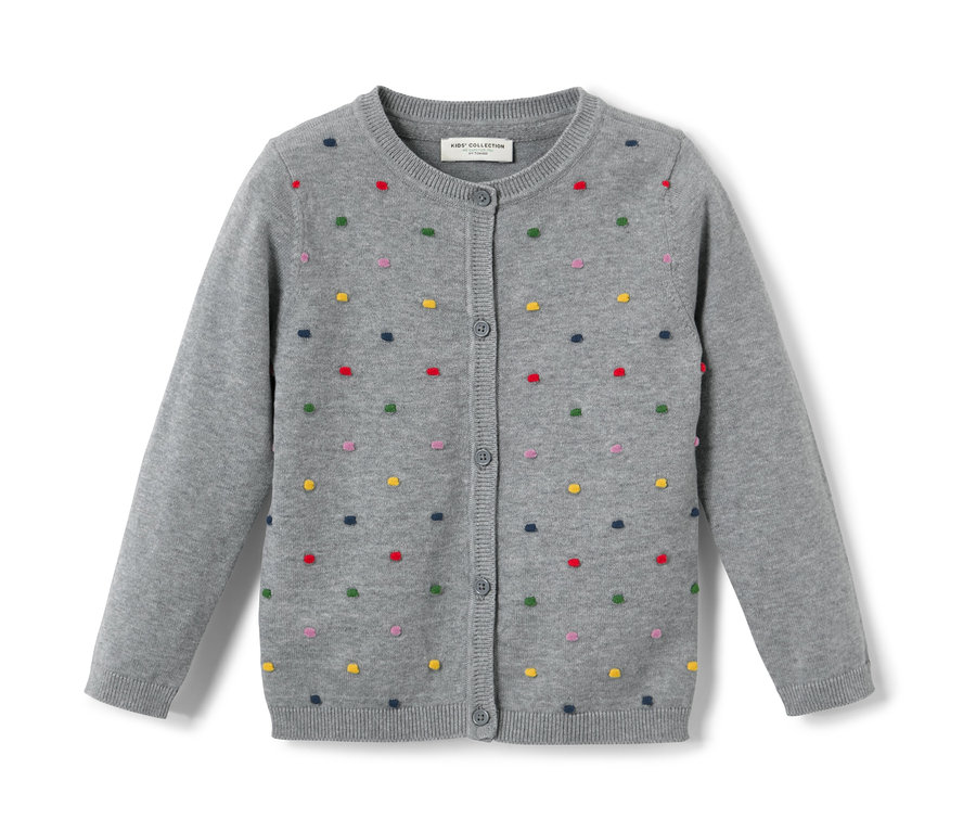 Graue Kinder-Strickjacke mit bunten Punkten.