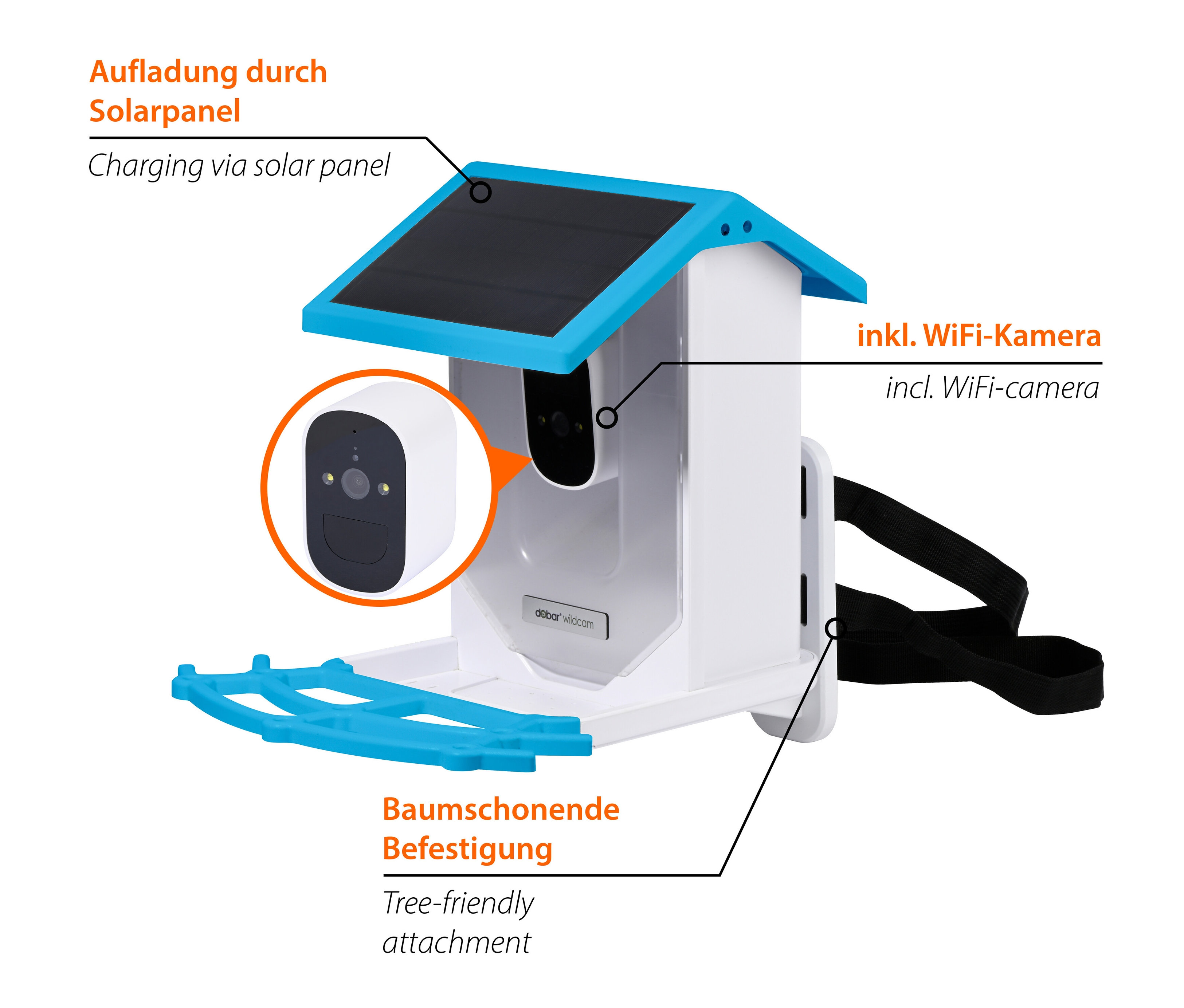 Detailansicht des Vogel-Futterhaus »EAZY« mit Solarpanel und Wi-Fi-Kamera.