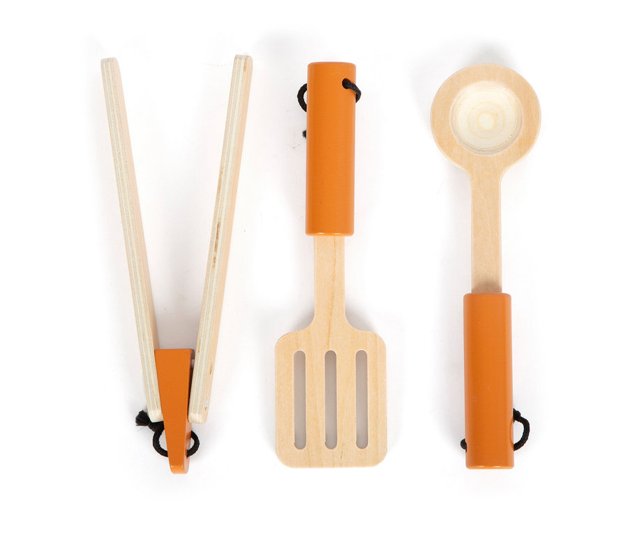 Küchenutensilien-Set: Zange, Pfannenwender und Löffel mit orangefarbenen Griffen.