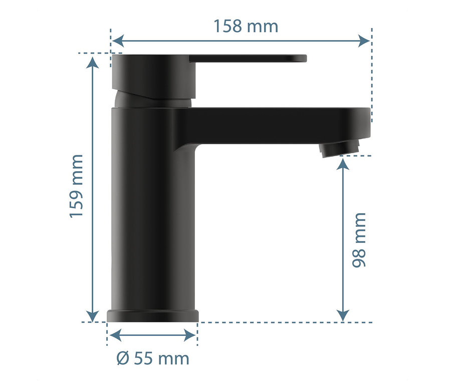 Schwarze Schütte-Waschtischarmatur »Elephant« mit Maßangaben.