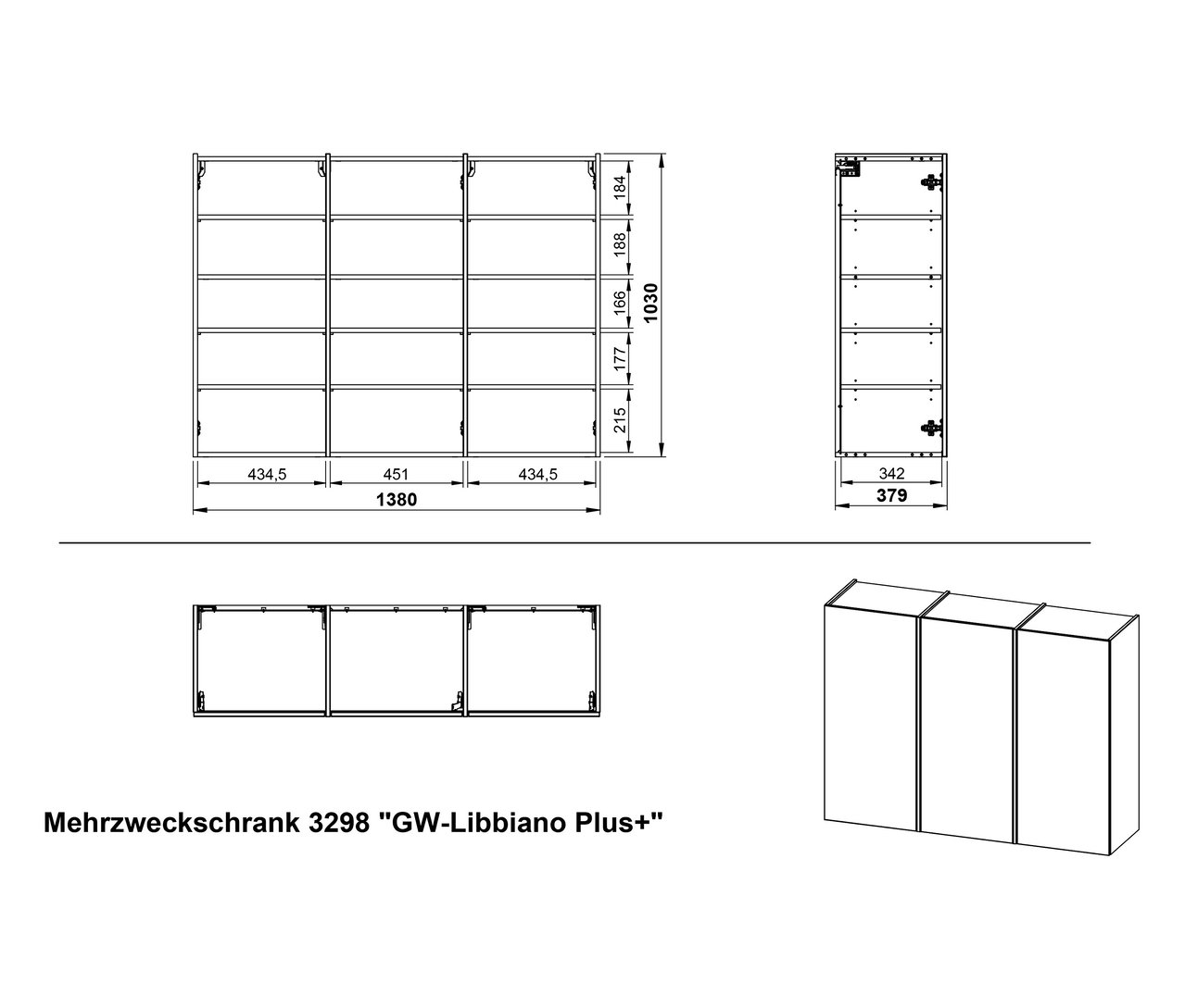 Skizze eines Mehrzweckschranks 3298 "GW-Libbiano Plus+" mit Abmessungen.