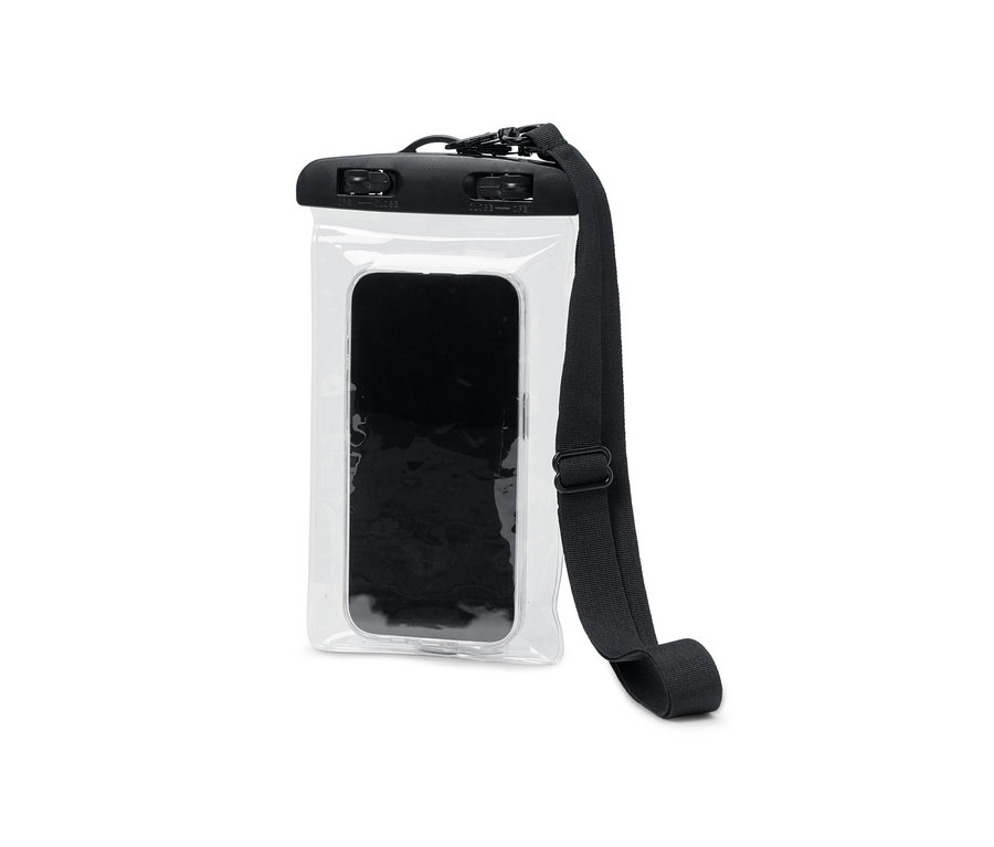 Eine wasserdichte Smartphone-Hülle mit einem schwarzen Handy darin und einem schwarzen Riemen.