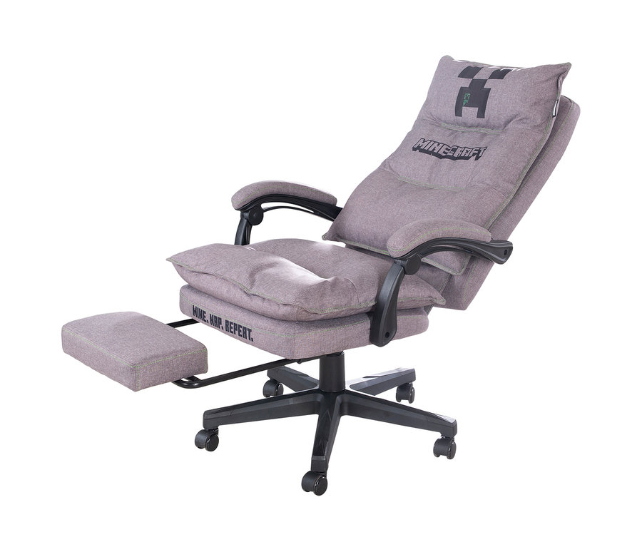 Ein grauer roba Minecraft Gaming-Stuhl mit Fußstütze.