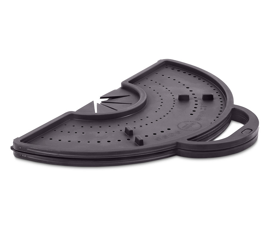 Graues Silikon-Topfsieb mit Löchern und Griff.