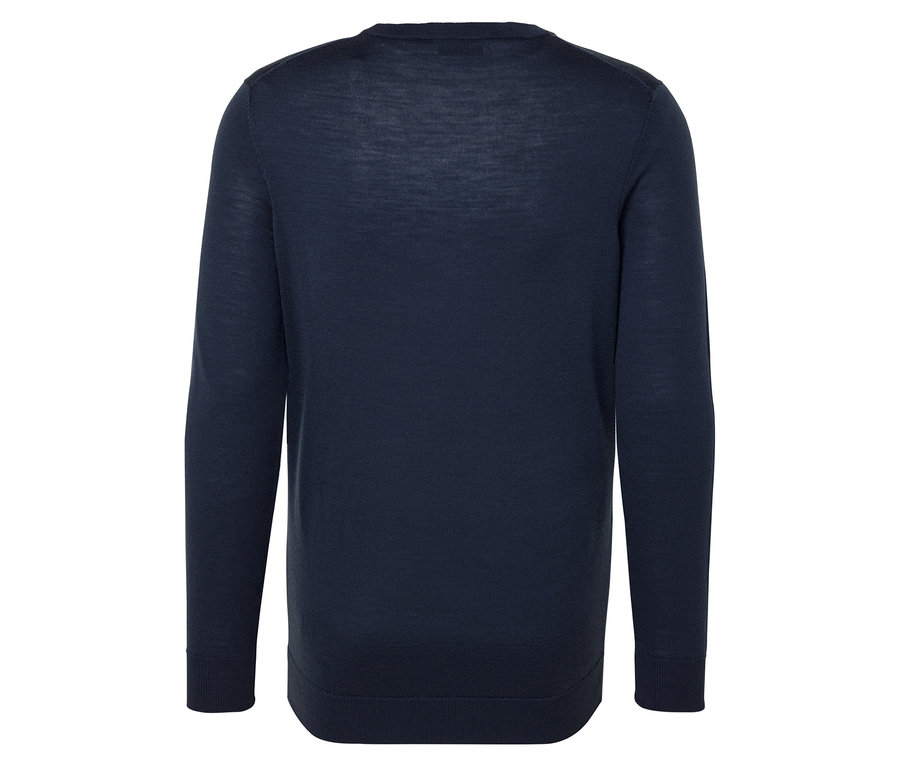 Dunkelblauer melierter Merino-Pullover.