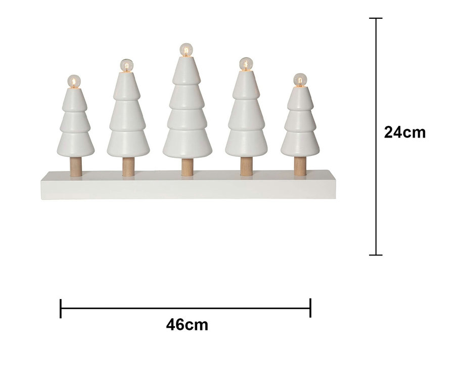 Fünf weiße Weihnachtsbäume mit Glühbirnen auf einem weißen Sockel. Die Bäume haben unterschiedliche Höhen.