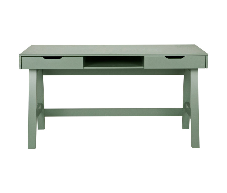 Grüner Woood Schreibtisch »Nikki« mit zwei Schubladen und einem offenen Fach.