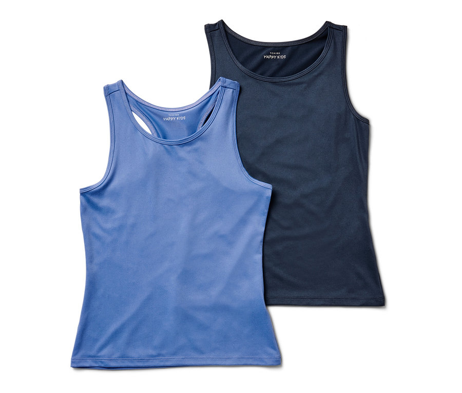 Zwei Kinder-Sport-Tops, eins blau und eins dunkelblau.