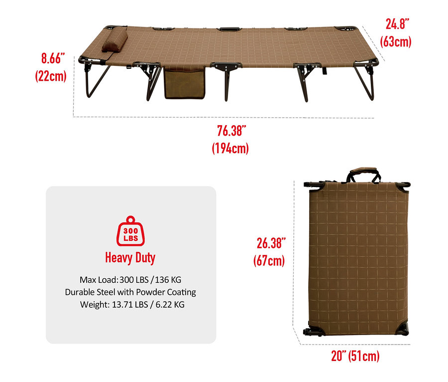 Ein braunes Feldbett, dessen Maße und Eigenschaften im Text angegeben sind.