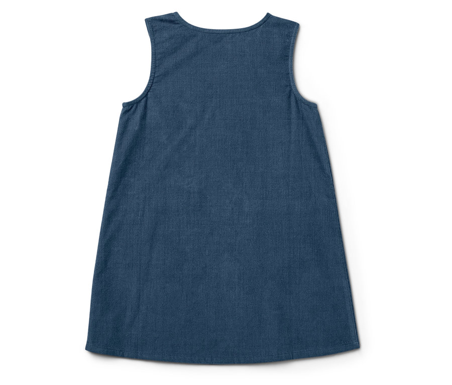 Ein ärmelloses, blaues Kleid auf einem weißen Hintergrund.