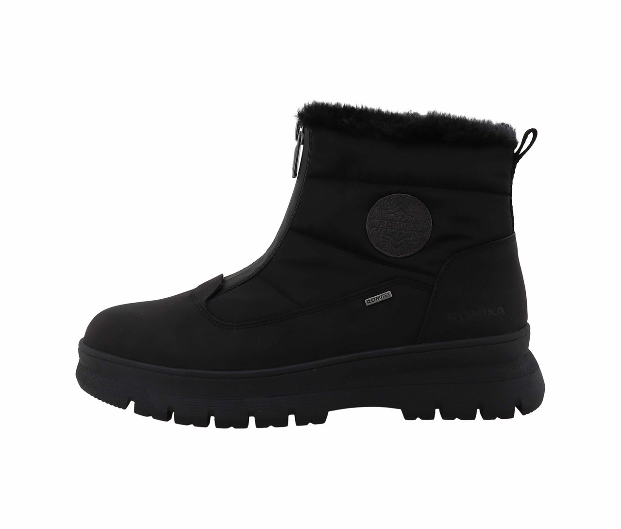 Schwarzer Winterstiefel mit Reißverschluss und Fell.