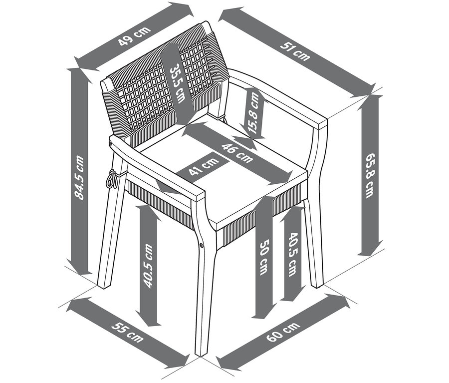 Illustration eines stapelbaren Dining-Stuhls inkl. Sitzkissen mit Maßangaben.
