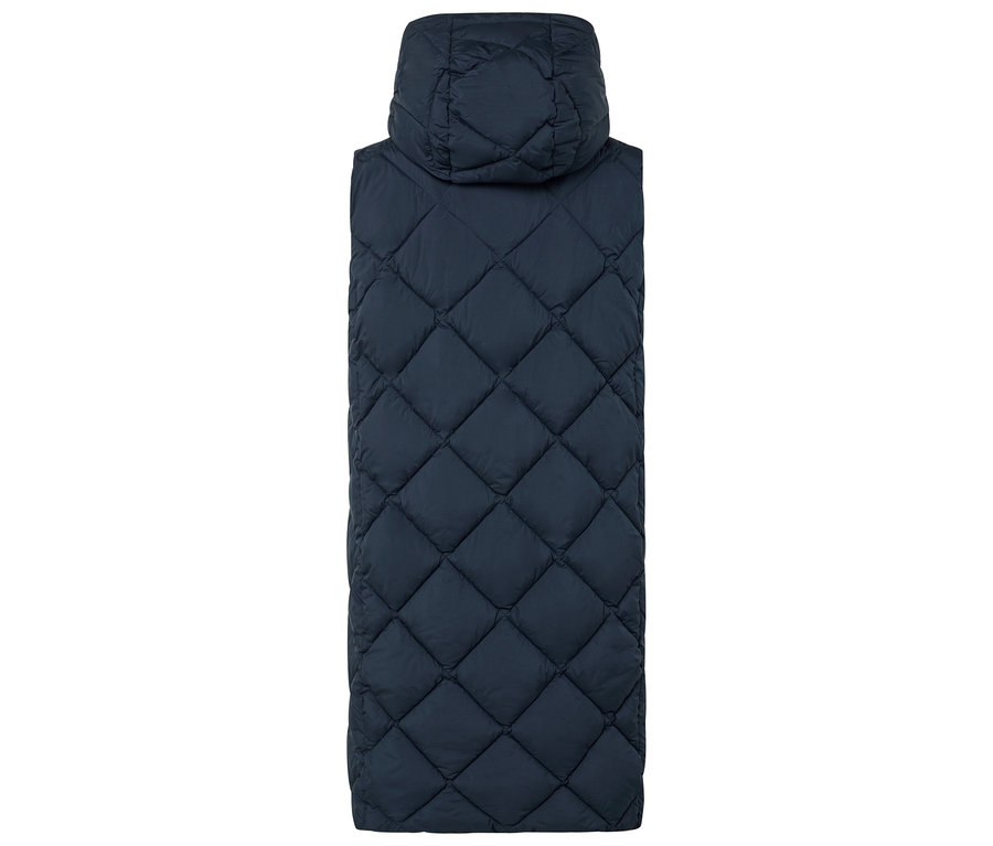 Dunkelblaue, gesteppte, lange Weste mit Kapuze.