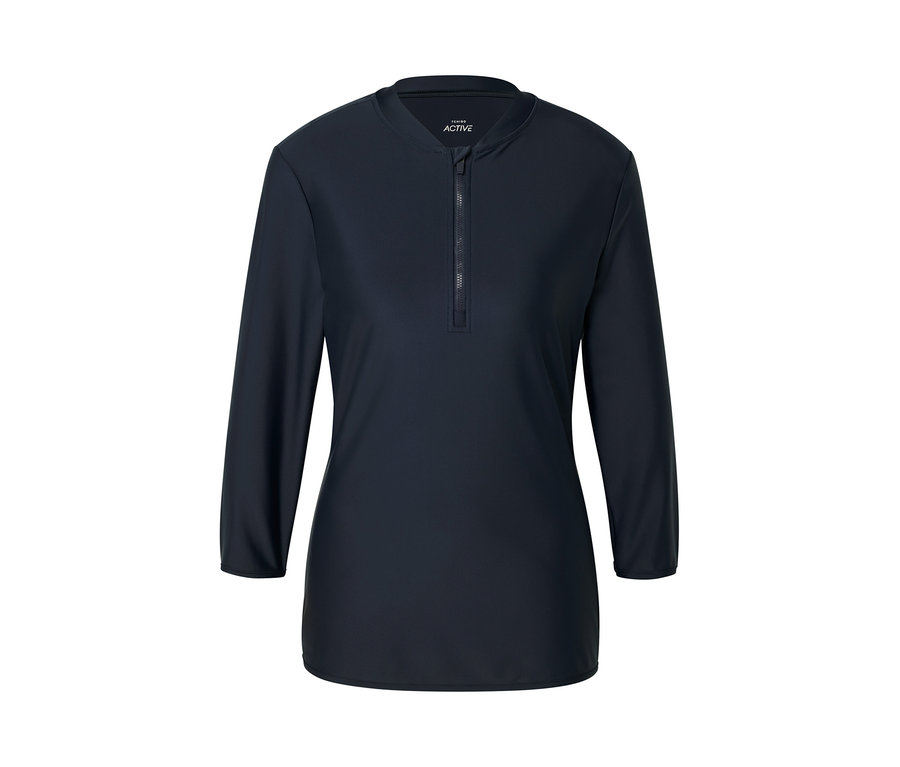 Dunkelblaues UV-Schutz-Sportshirt mit langen Ärmeln und Reißverschluss.