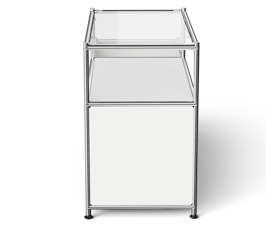 Chromrahmen mit klarer Glasplatte und weißer Platte.