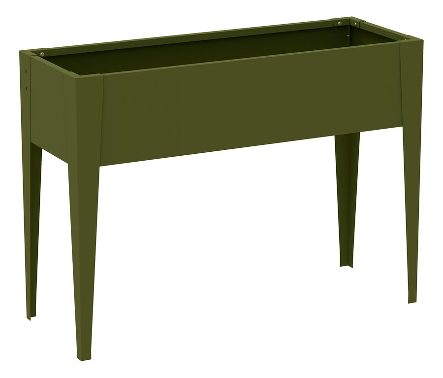 Ein olivgrüner Pflanzkasten mit Beinen steht auf einem weißen Hintergrund.