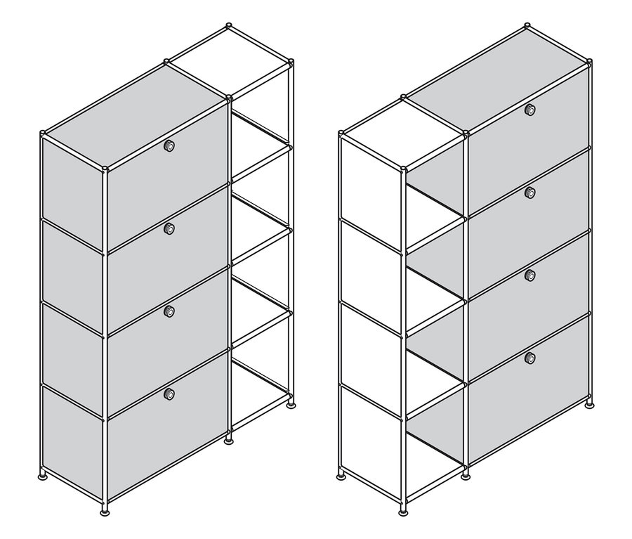 Zwei Metallregale »CN3« mit je 4 Klappenfächern, eines grau, eines weiß und schwarz, stehen nebeneinander.