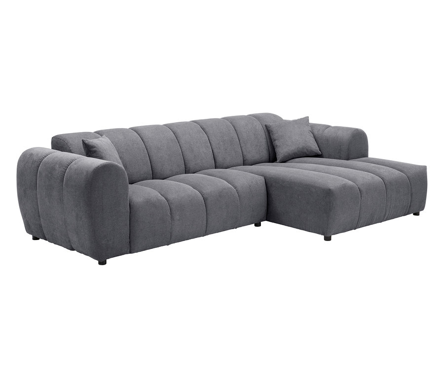 Graues modulares Sofa mit Chaiselongue und zwei Kissen.