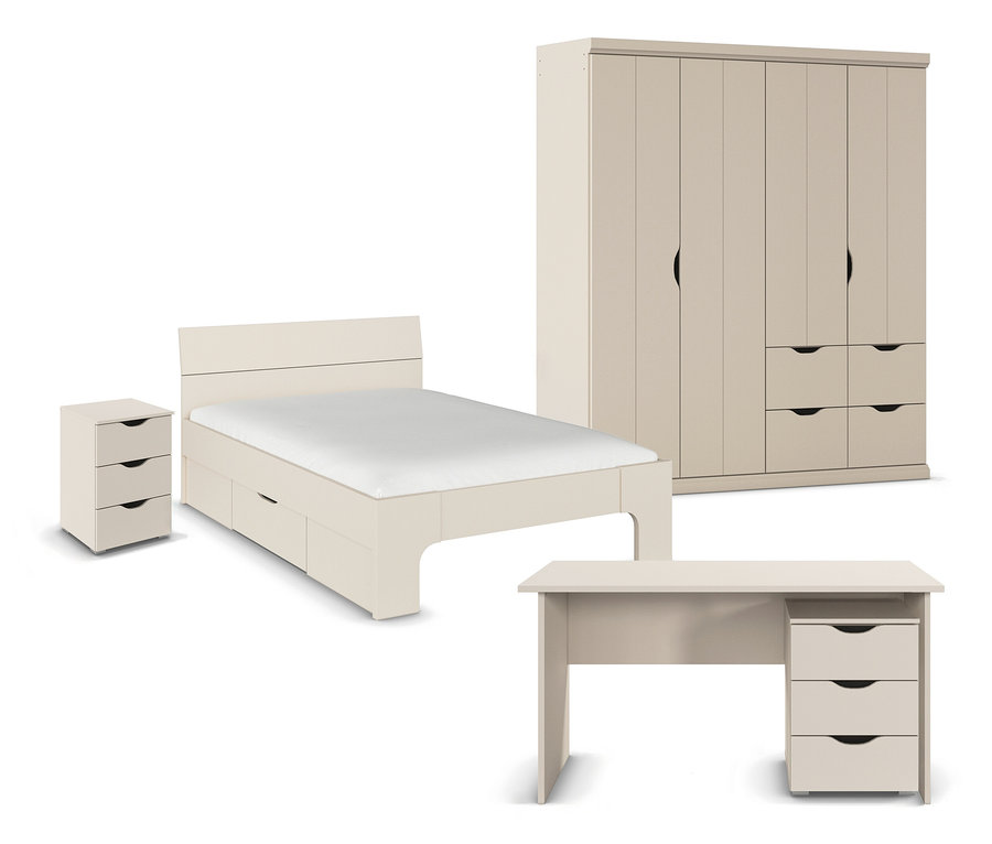 Das rauch Set »Frieda« in beige/champagner zeigt ein Bett, einen Nachttisch, einen 4-türigen Kleiderschrank und einen Schreibtisch.