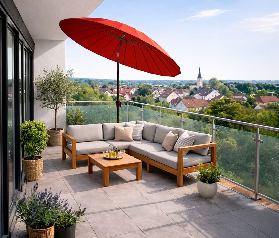 Auf einer Terrasse steht ein Leco Shanghai Sonnenschirm*, Ø 270 cm, rot, neben einer Loungegruppe und Pflanzen.